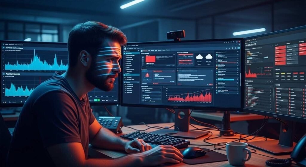 IT engineer managing hybrid cloud complexity and multi-cloud monitoring challenges
