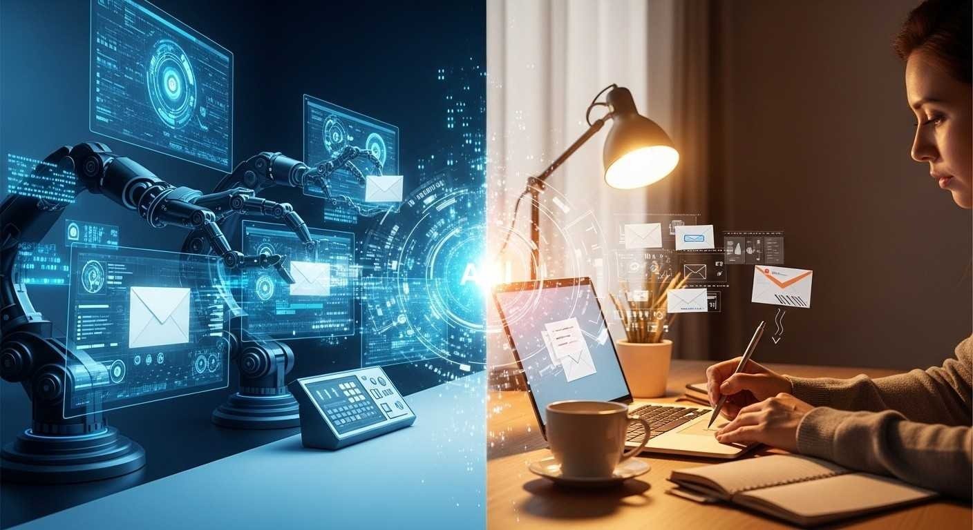 Hybrid email marketing concept showing AI automation system and human writing personalized emails on a laptop how to automate emails